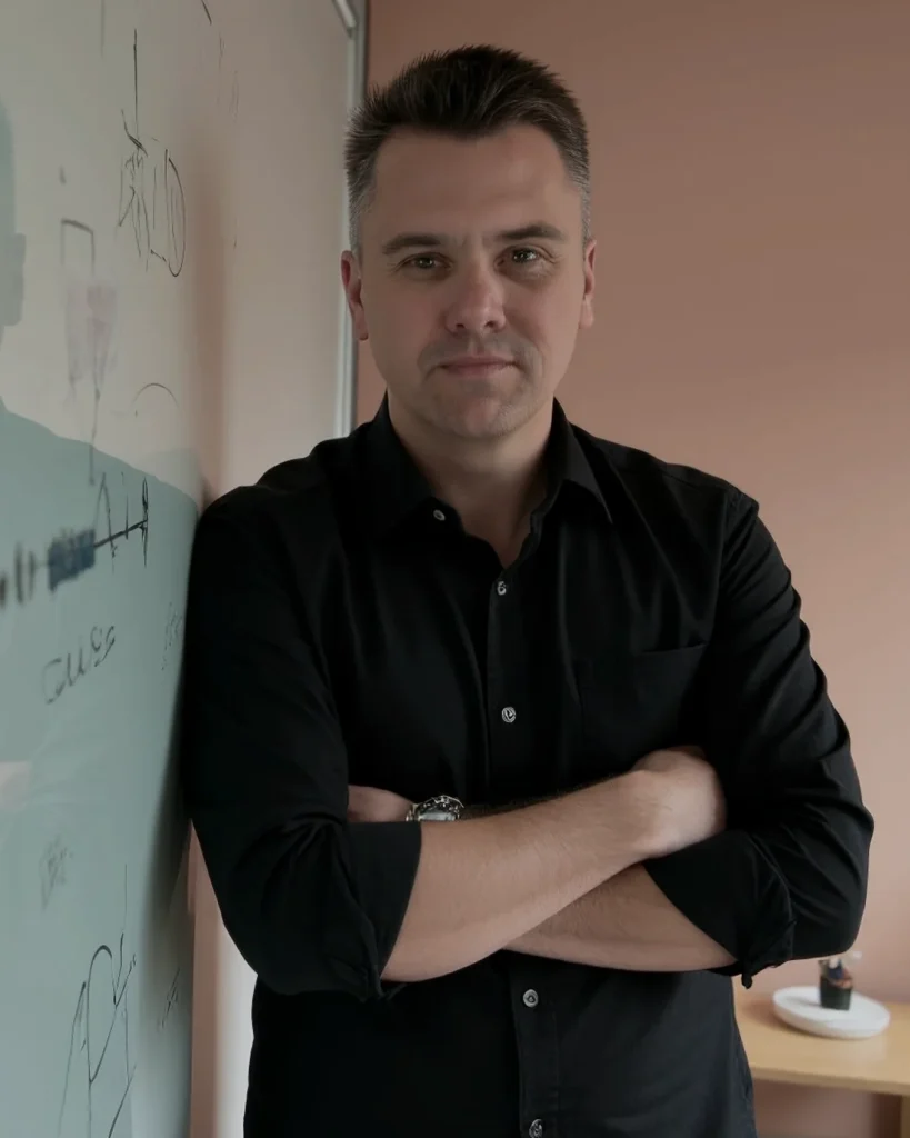 Thomas Machura leaning against a whiteboard, arms folded