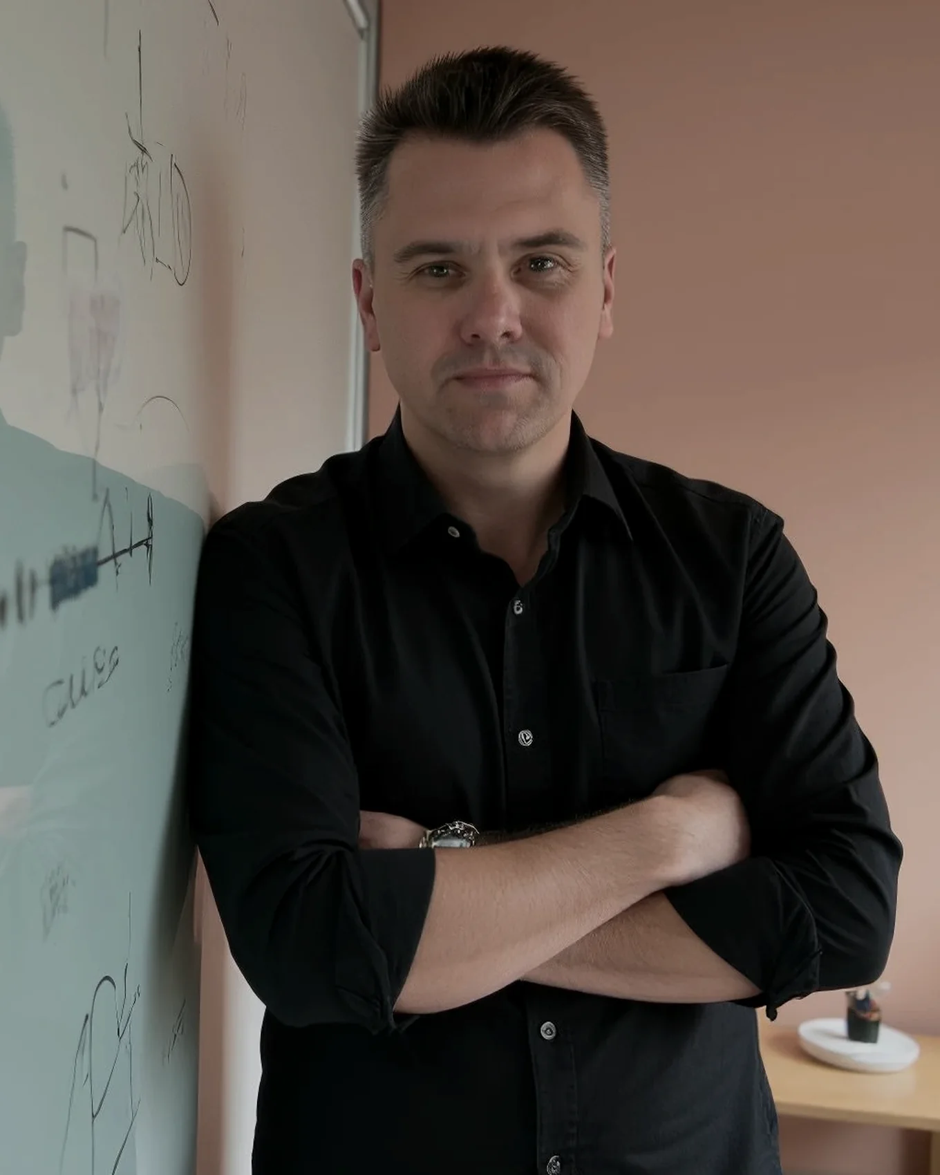 Thomas Machura leaning against a whiteboard, arms folded